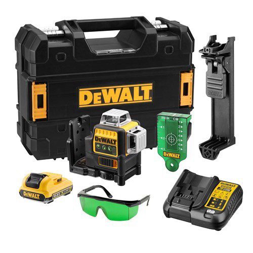 פלס לייזר ירוק 3 קרניים 12V + סוללה 2.0AH ואביזרים DeWalt