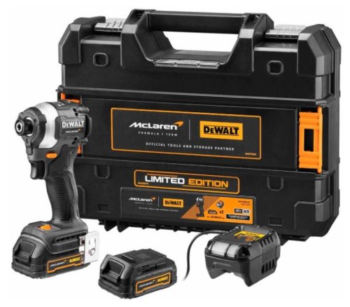 מברגת אימפקט + 2 סוללות 1.7A + סט 32 ביטים Stanley מטען + ארגז טיסטק McLaren DeWalt