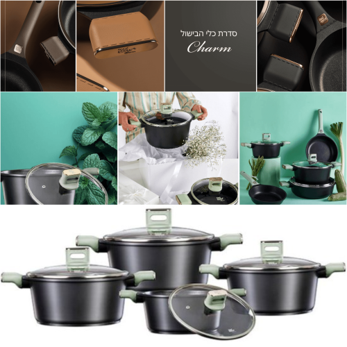 סט סירים 8 חלקים תואם אינדוקציה עם ידיות "אפקט העור" סדרת Charm מבית Food Appeal – צבע שחור ידיות מנטה