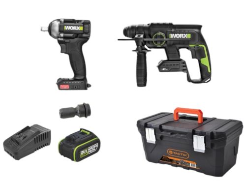 סט ללא פחמים (BRUSHLESS) פטישון ומפתח אימפקט 20V + סוללה 4A מטען ארז כלים ומתאם לבוקסה 1/2" מבית WORX