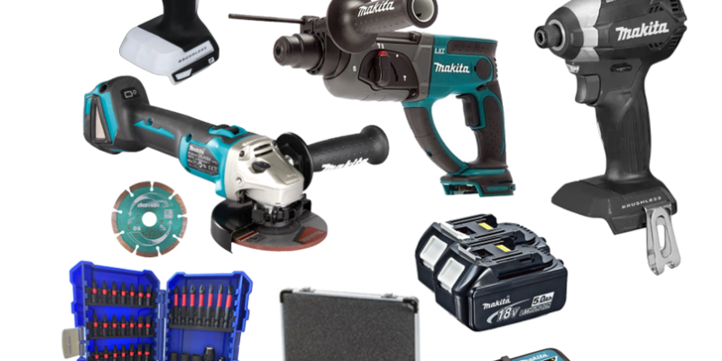 סט מקיטה 4 כלים 18V + זוג סוללות ומטען + אביזרים MAKITA (פטישון, מברגת אימפקט, מברגת פוטר, משחזת)