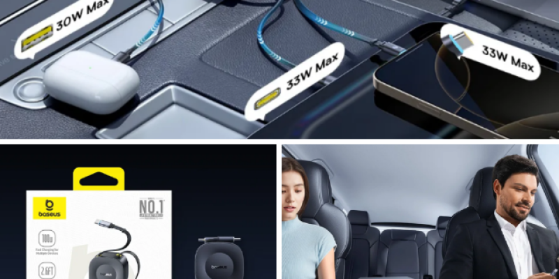 פלאג טעינה לרכב Baseus 100W עם 2 כבלים מובנים + 2 פורטים