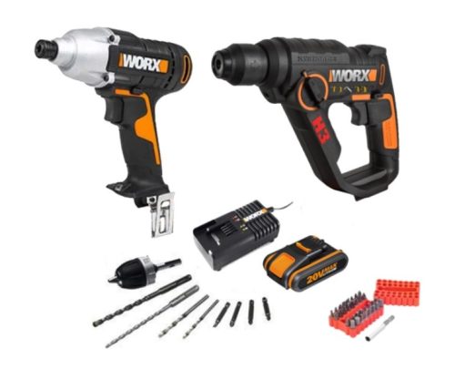 סט אימפקט ופטישון 20V + סט ביטים WORX כולל סוללה ומטען