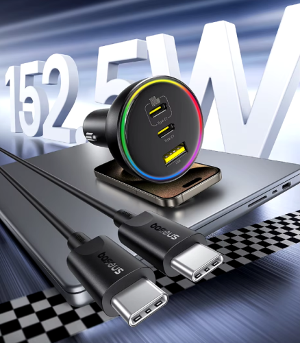 פלאג טעינה מהיר לרכב כולל כבל טייפ סי Baseus 152.5W