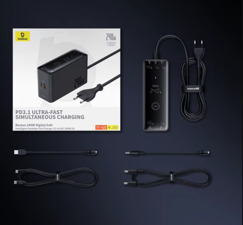 מטען שולחני דיגיטלי Baseus 240W GaN עם 5 פורטים!
