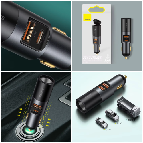 פלאג טעינה לרכב 2 יציאות Type C/USB מבית Baseus (מבלי לוותר על חיבור המצת)
