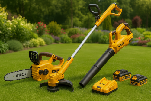 סט גינון 3 חלקים מפוח + מסור שרשרת+ חרמש נטען + זוג סוללות 4.0AH + מטען INGCO