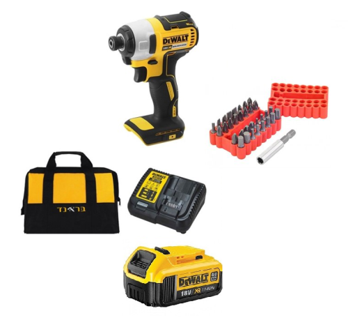 סט דיוולט DeWalt מברגת אימפקט DCF887 18V + סוללה 4AH + סט ביטים 33 יח' + תיק ומטען